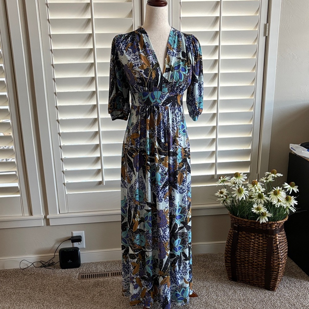 Veronica M Blue and Brown Floral Maxi Dress